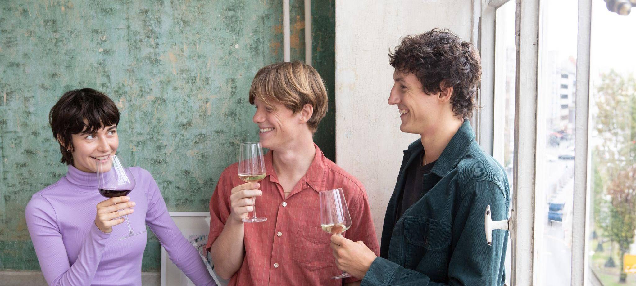 Junge Leute trinken gemeinsam Wein