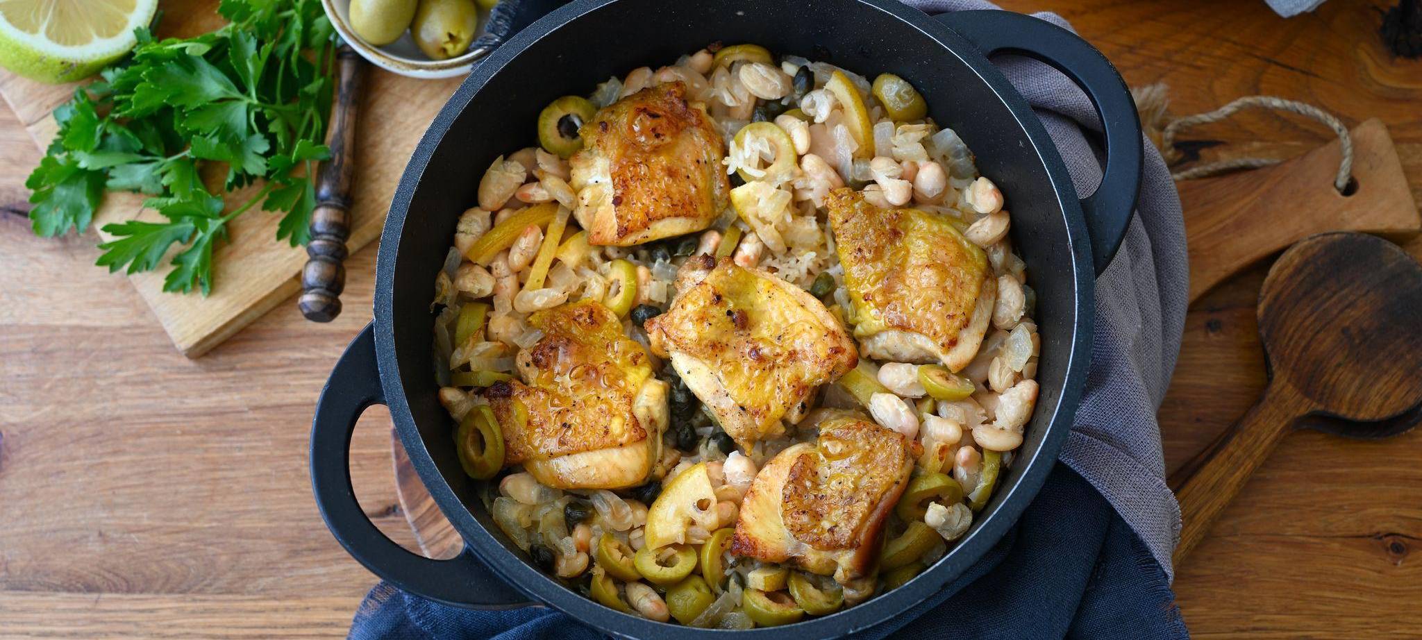 One-Pot mit Hähnchen, Reis und karamellisierten Zitronen